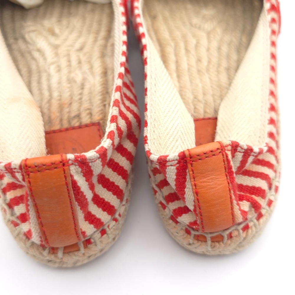Tory Burch Striped Canvas Espadrilles Red Cream Logo Round Toe Flat Shoes 8 - Picture 6 of 10
